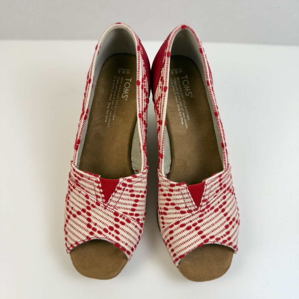 TOMS Peep Toe Heels‎ Wedge Espadrille Red White Women's 8.5 Slip On Casual Shoes
